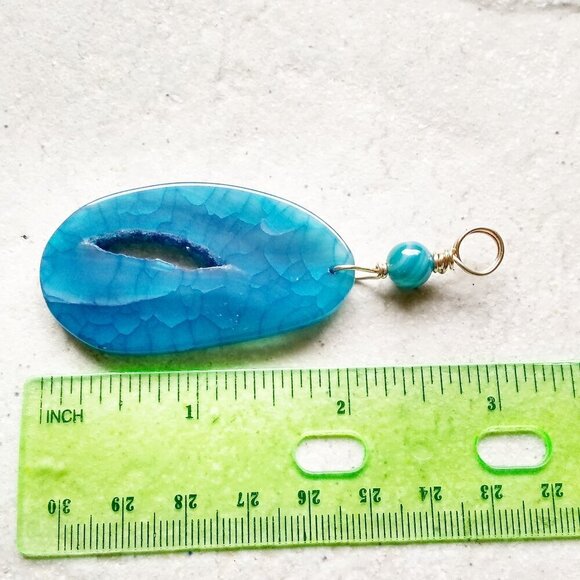 Blue Agate Geode Slice with Sugar Crystal Rim - Pendant - Azure & Ocean Blues - Picture 7 of 11